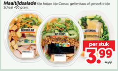 450 maaltijdsalade kip ketjap caesar geitenkaas gerookte schaal game and groente hotdog stuk 3.99 