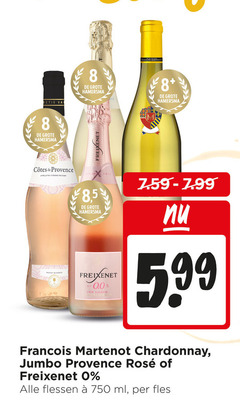 klik op dit plaatje voor een vergroting en voor vergelijkbare aanbiedingen gerelateerd aan
8 750 hamersma freixenet provence appellation free 0.0 calorie 5.99 francois chardonnay jumbo rosee flessen ml fles 8 750 hamersma freixenet provence appellation free 0.0 calorie 5.99 francois chardonnay jumbo rosee flessen ml fles