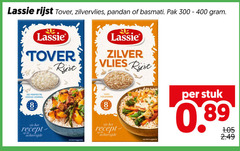  lassie rijst 100 300 400 tover zilvervlies pandan basmati pak zilver vlies droge korrel achterzijde serveersuggestie volkoren stuk 