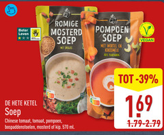  soep 100 beter leven dieren bescherming hete ketel romige mosterd core spekjes pompoen wortel kokosmelk plantaardig label chinese tomaat bospaddenstoelen kip ml 
