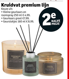  160 250 kruidvat premium lijn kleine geurkaars roomspray ml geurstokjes 2 halve rosewood dream delicate blend fruity woody notes amber serenity calming and warm coconut sandalwood woodland refreshing green floral with hint 
