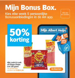 snoep 1 3 5 16 25 30 50 box week bonusaanbiedingen klik activeer chupa chups varieeren look-o-look veters albert lollipops zure activeren 