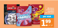  venco schoolkrijt zacht zoet red band enige foamies sour bubblegum flavour inside and winegums redband original stazakken 150-245 stuk natuurlijke kleur 