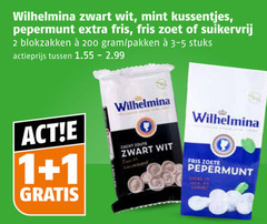  1 2 200 wilhelmina zwart wit mint kussentjes pepermunt fris zoet suikervrij blokzakken pakken stuks actieprijs zacht zoute zoete 