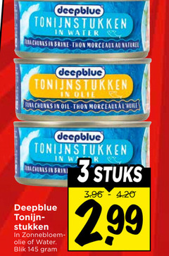  deepblue tonijn in blik 3 tonijnstukken water tuna chunks brine thon morceaux naturel olie oil wa tina stukken zonnebloemolie r stuks 
