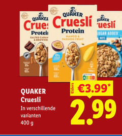  quaker cruesli 20 400 salted caramel brownie protein passion fruit sugar added nuts 3.99 