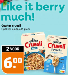 quaker cruesli 2 4 600 like it berry pakken 400 450 nuts protein coconut vanilla 