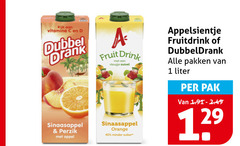  dubbeldrank appelsientje fruitdrank 1 40 rijk vitamine dubbel drank fruit drink vleugje zuivel sinaasappel perzik appel orange minder suiker fruitdrink pakken liter pak 12 