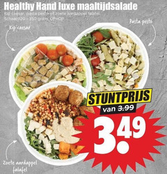  maaltijdsalade healthy hand luxe kip caesar pasta pesto zoete aardappel falafel schaal 3.99 