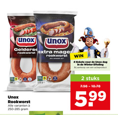  unox rookworst 2 4 30 gelderse bereid kwaliteitsvlees minder vet win tickets dag winter efteling beter leven ge recyclebaar plastic eiwitten stuks 5 99 